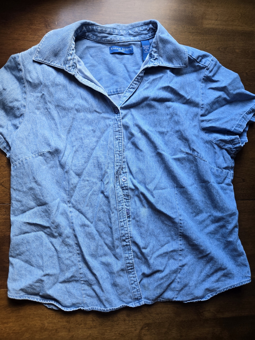 Karen Scott Denim-Style Short Sleeve Button-Front Shirt